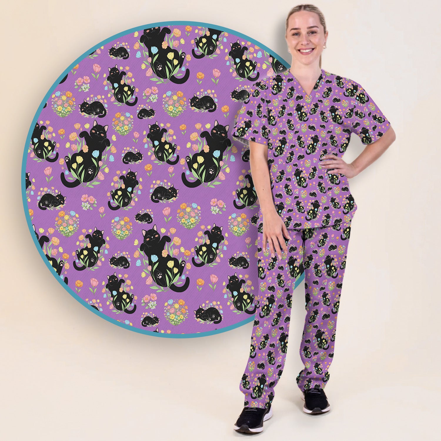 Cats With Cute Poses Floral Pattern Scrubs Sets, Scrub Pants and V Neck Top