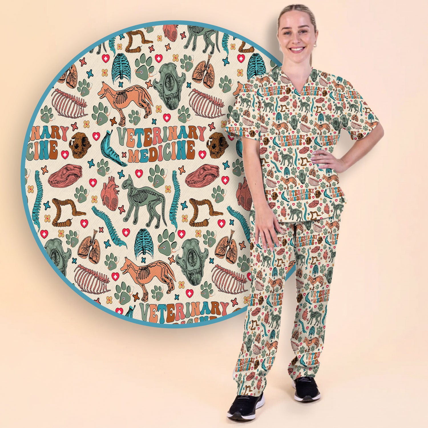 Veterinary Medicine Scrub Set - Cute Animal Anatomy Scrubs Pants and V Neck Top - Fun Vet Tech Nurse Uniform for Women