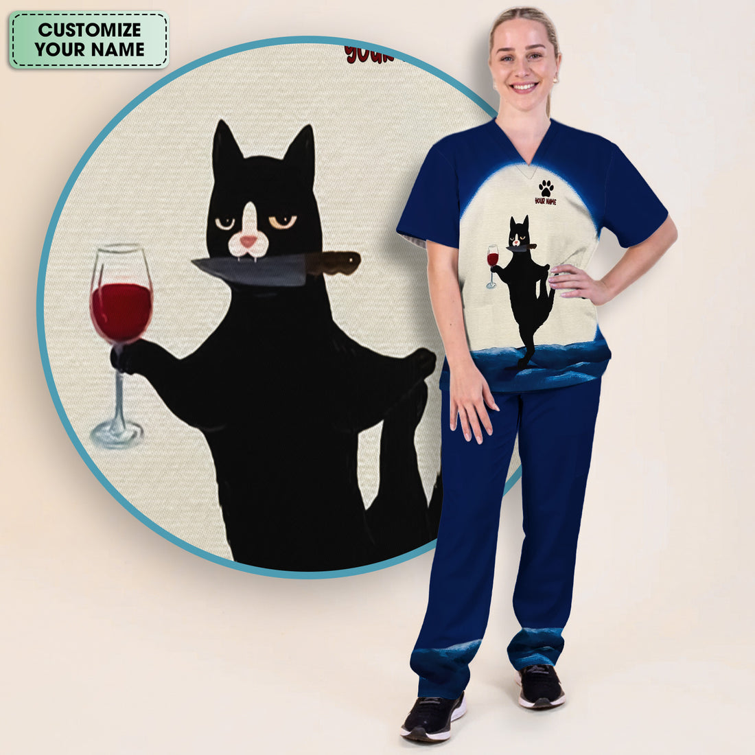 Personalized Funny Cat Holding Wine Glass Knife Pose Pattern Scrub Set, Scrub Pants and V Neck Top