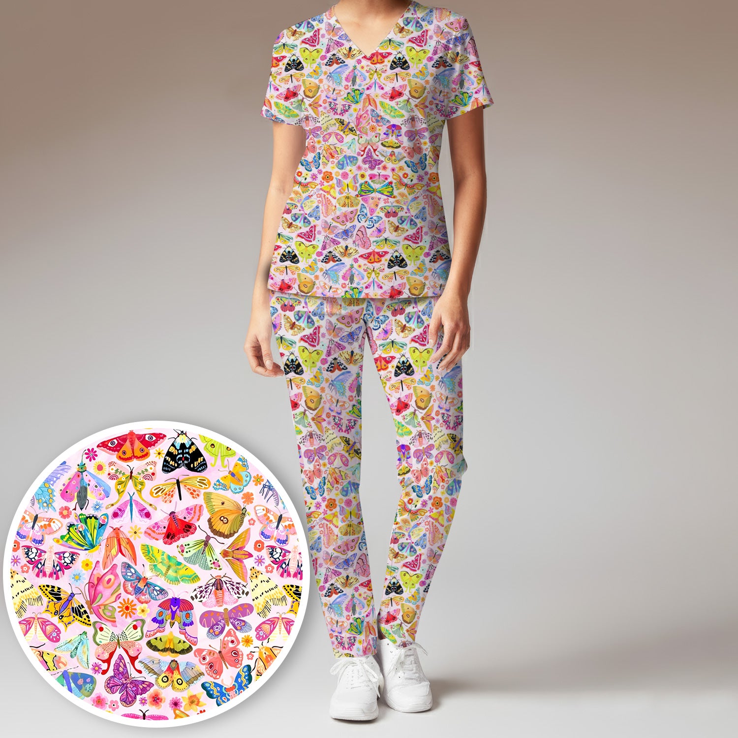 Cute Bright Butterfly Moth Floral Scrub Top, Breathable Fabrics Nursing Uniform