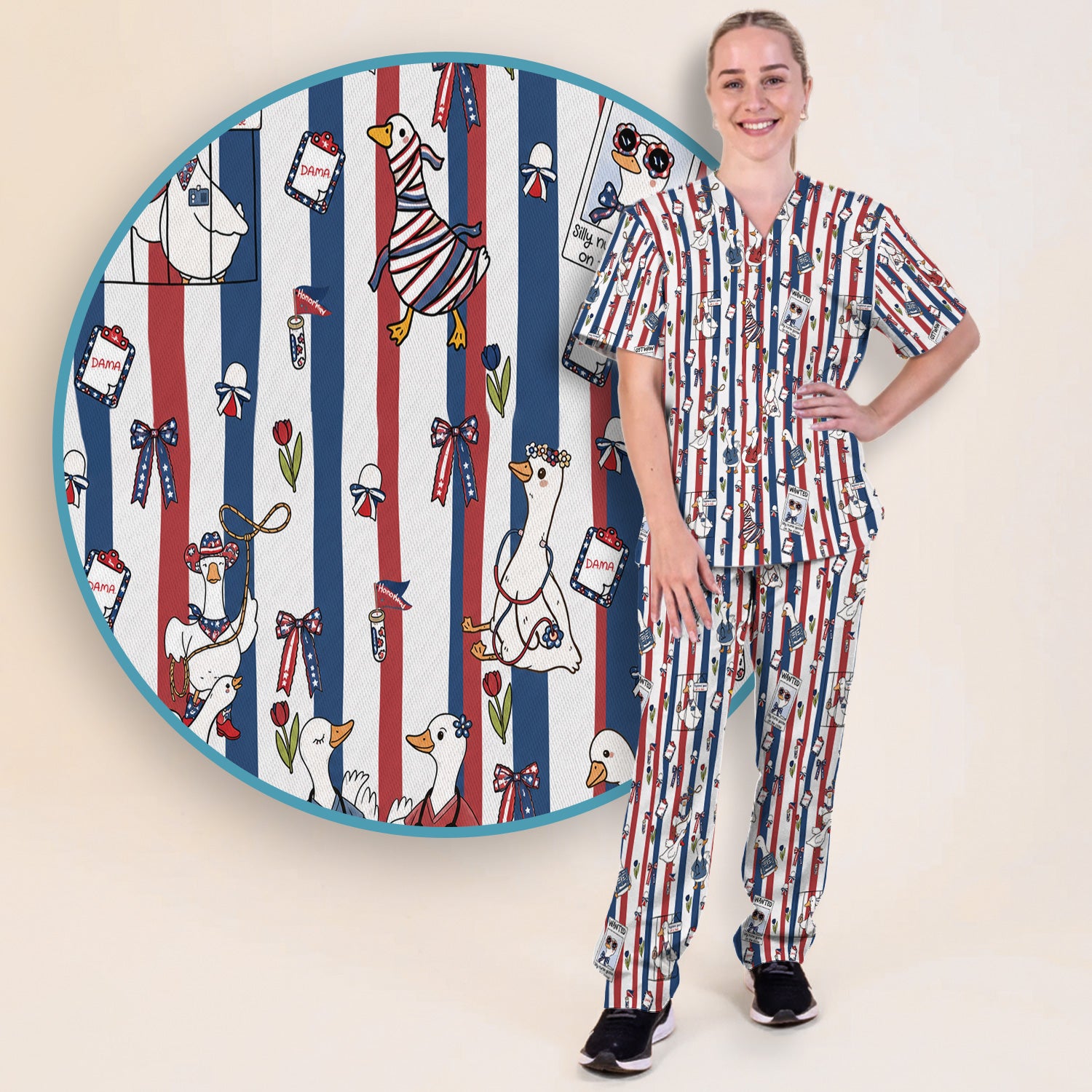 Funny Patriotic Goose Nurse Pattern Scrub Set, Scrub Pants and V Neck Top