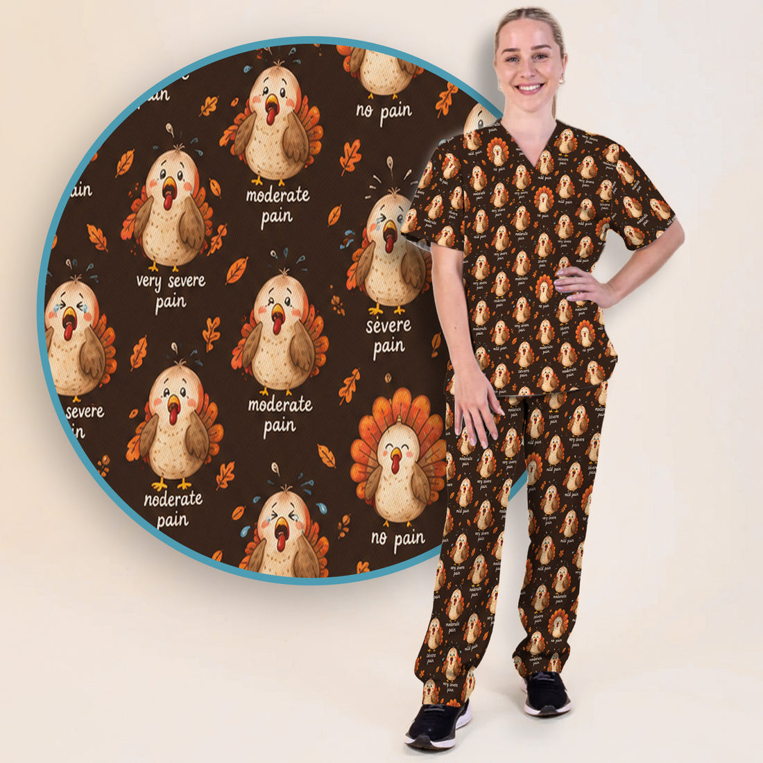 Funny Thanksgiving Turkey Pain Scale Pattern Scrub Set, Scrub Pants and V Neck Top