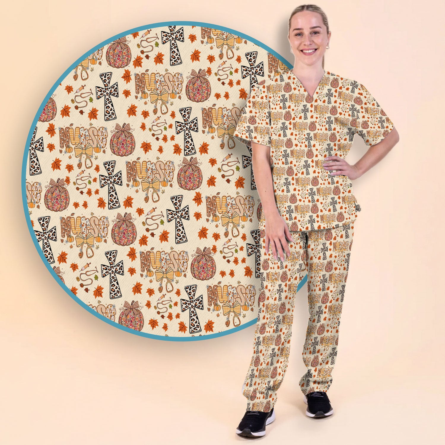 I Will Praise Him In Every Season - Boho Pumpkin Leopard Cross Fall Scrub Sets for Nurse - Thanksgiving Med Uniform for Women