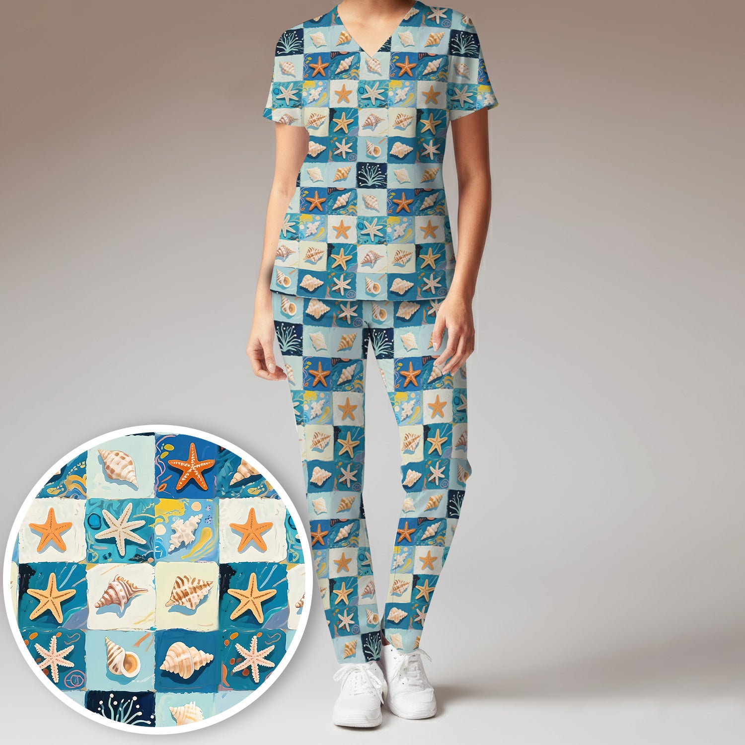 Cute Seashell Starfish Ocean Tile Pattern Scrub Set, Scrub Pants and V Neck Top