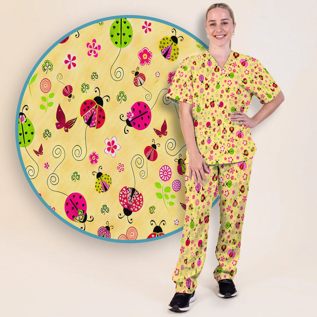 Yellow Ladybug Floral Garden Pattern Scrub Set, Scrub Pants and V Neck Top
