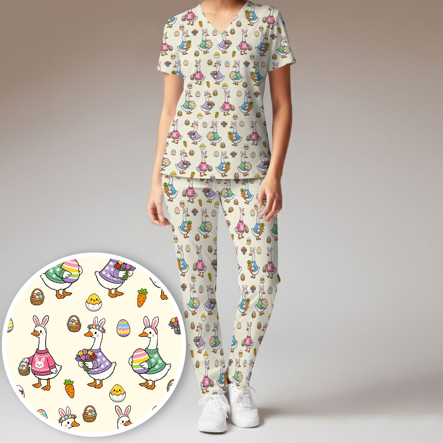 Cute Easter Goose Print Scrub Set, Breathable Med Uniform