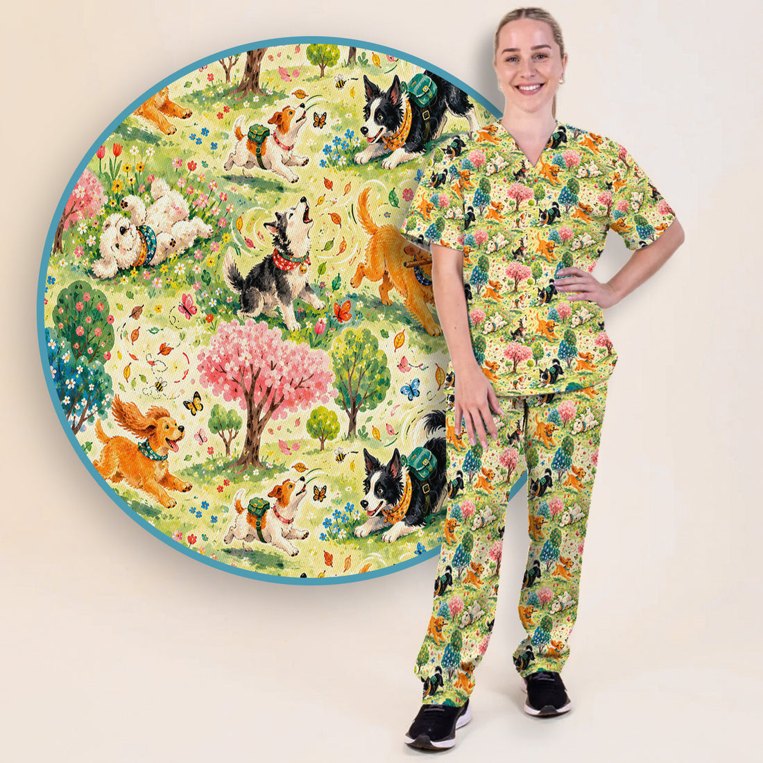 Playful Spring Garden Dogs Pattern Scrub Set, Scrub Pants and V Neck Top