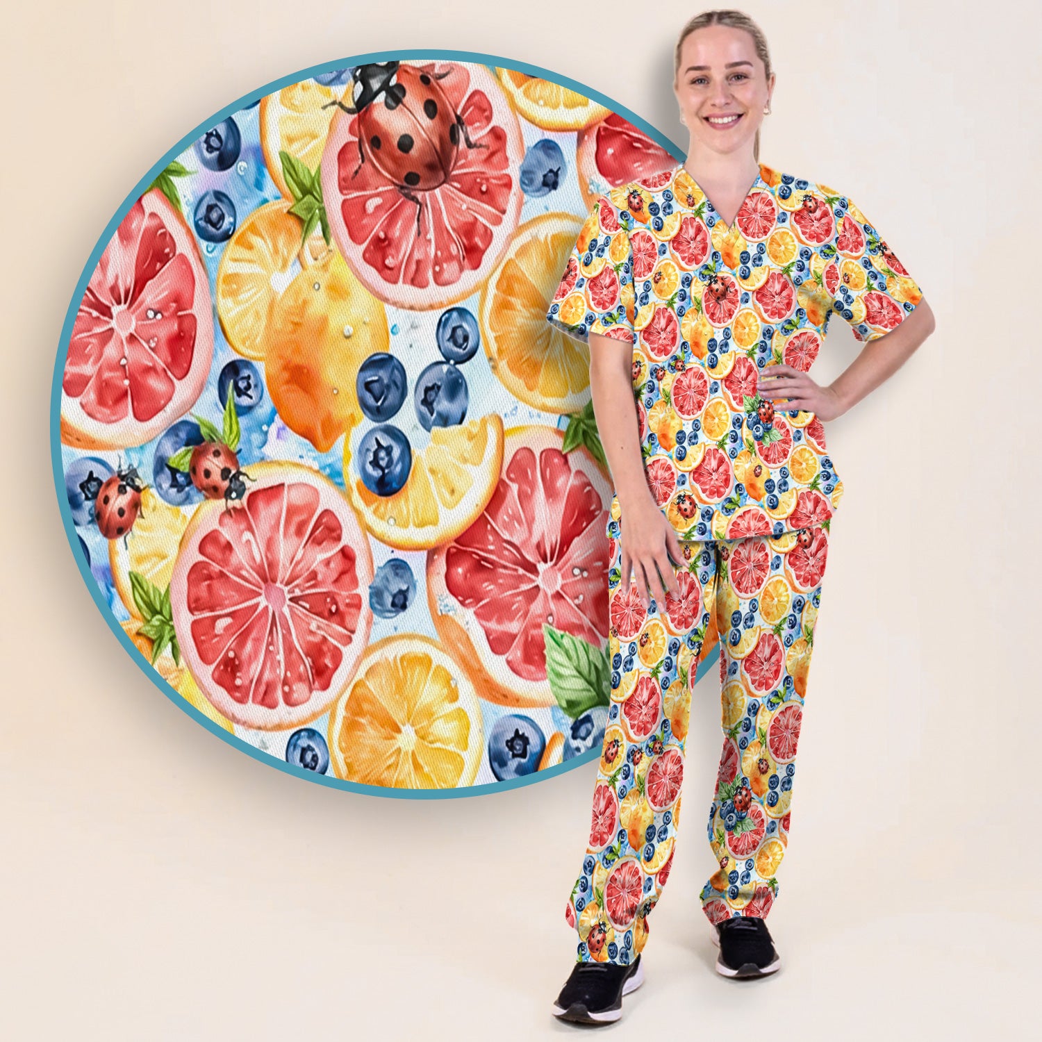 Cute Citrus Berry Ladybug Pattern Scrub Set, Scrub Pants and V Neck Top