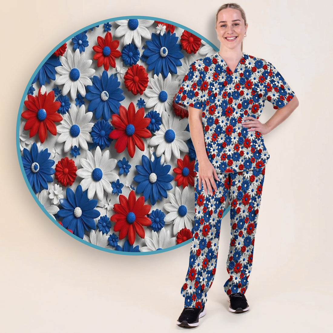 Patriotic Red Blue Daisy Floral Pattern Scrub Set, Scrub Pants and V Neck Top