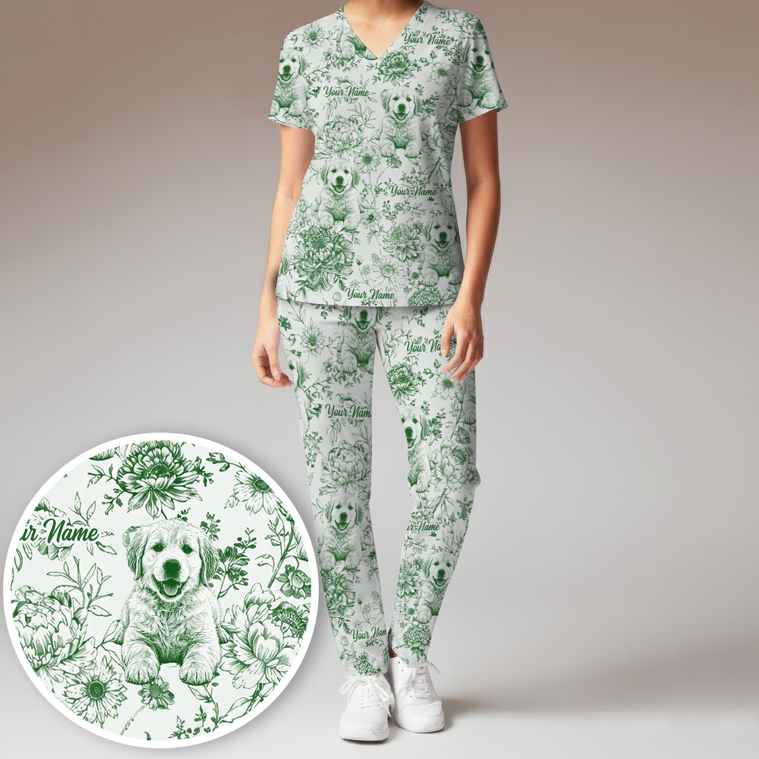 Personalized Custom Pet Photo Name Floral Pattern Scrub Set, Scrub Pants and V Neck Top