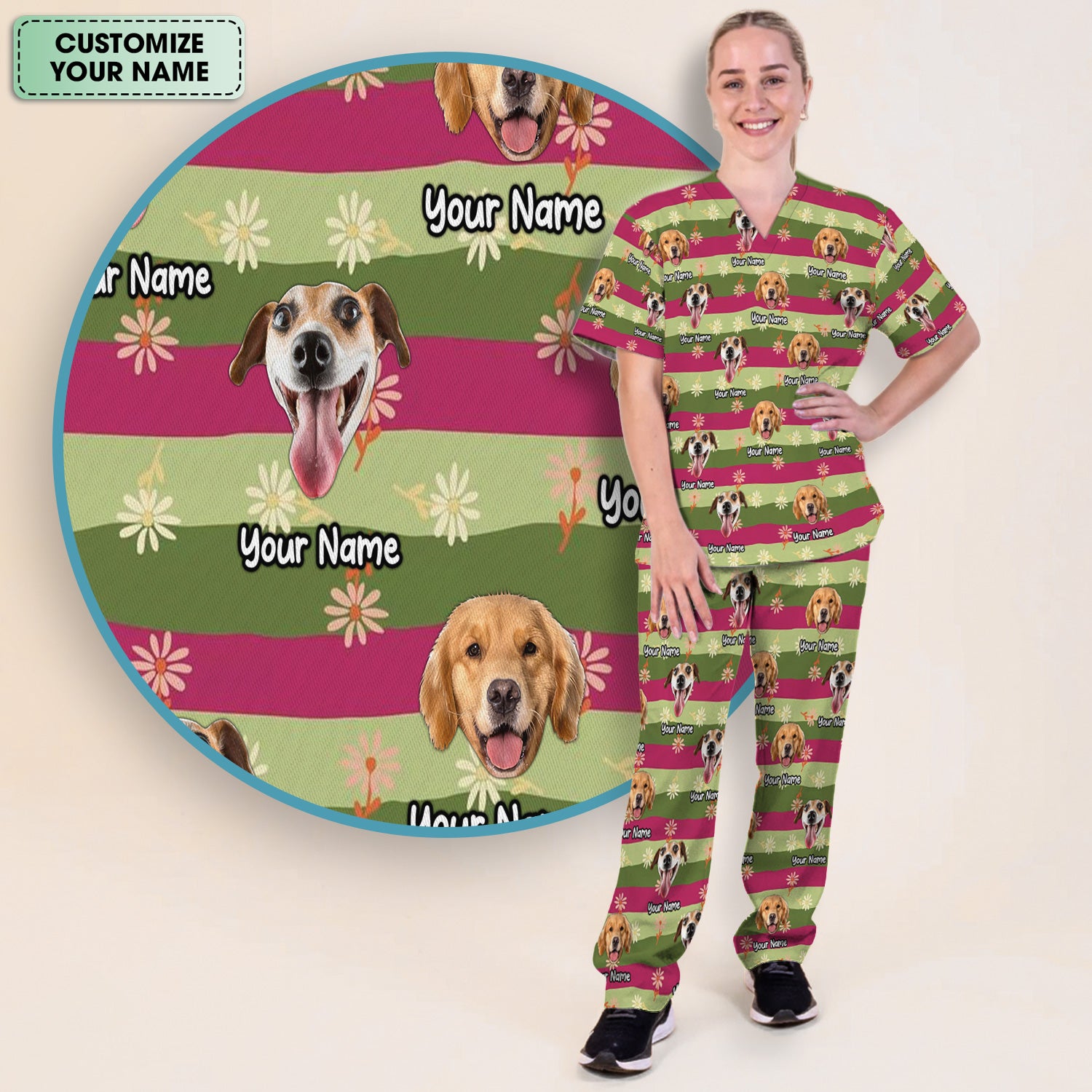 Personalized Floral Dog Portrait With Spring Stripes Pattern Scrub Set, Scrub Pants and V Neck Top