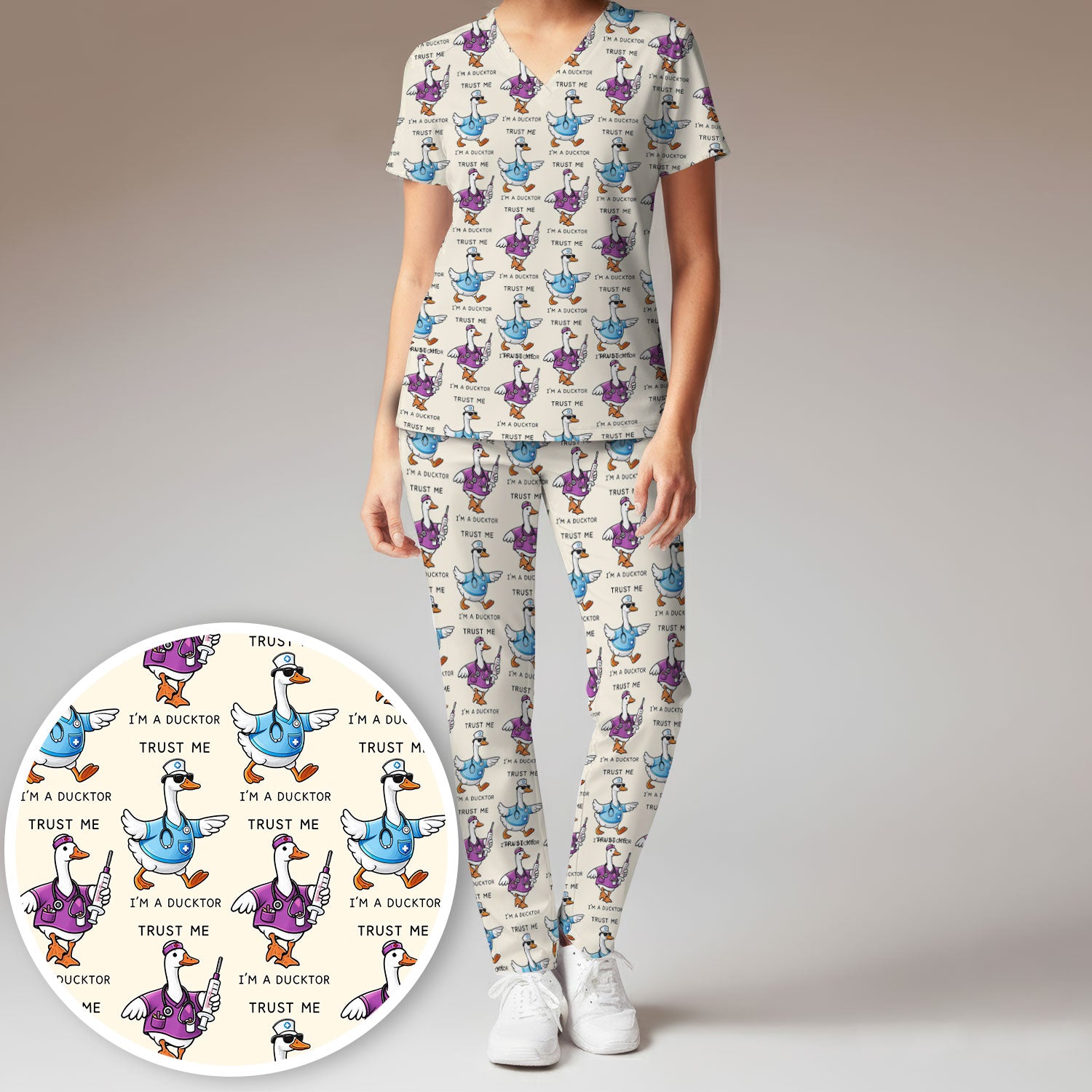 Funny Duck Cartoon Medical Pattern Scrub Set, Scrub Pants and V Neck Top