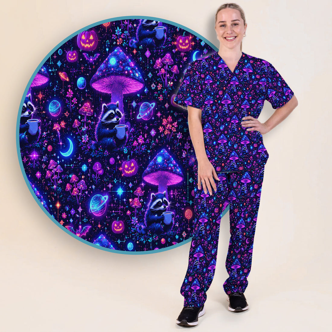 Halloween Raccoon And Mushrooms Scrub Set, Scrub Pants and V Neck Top
