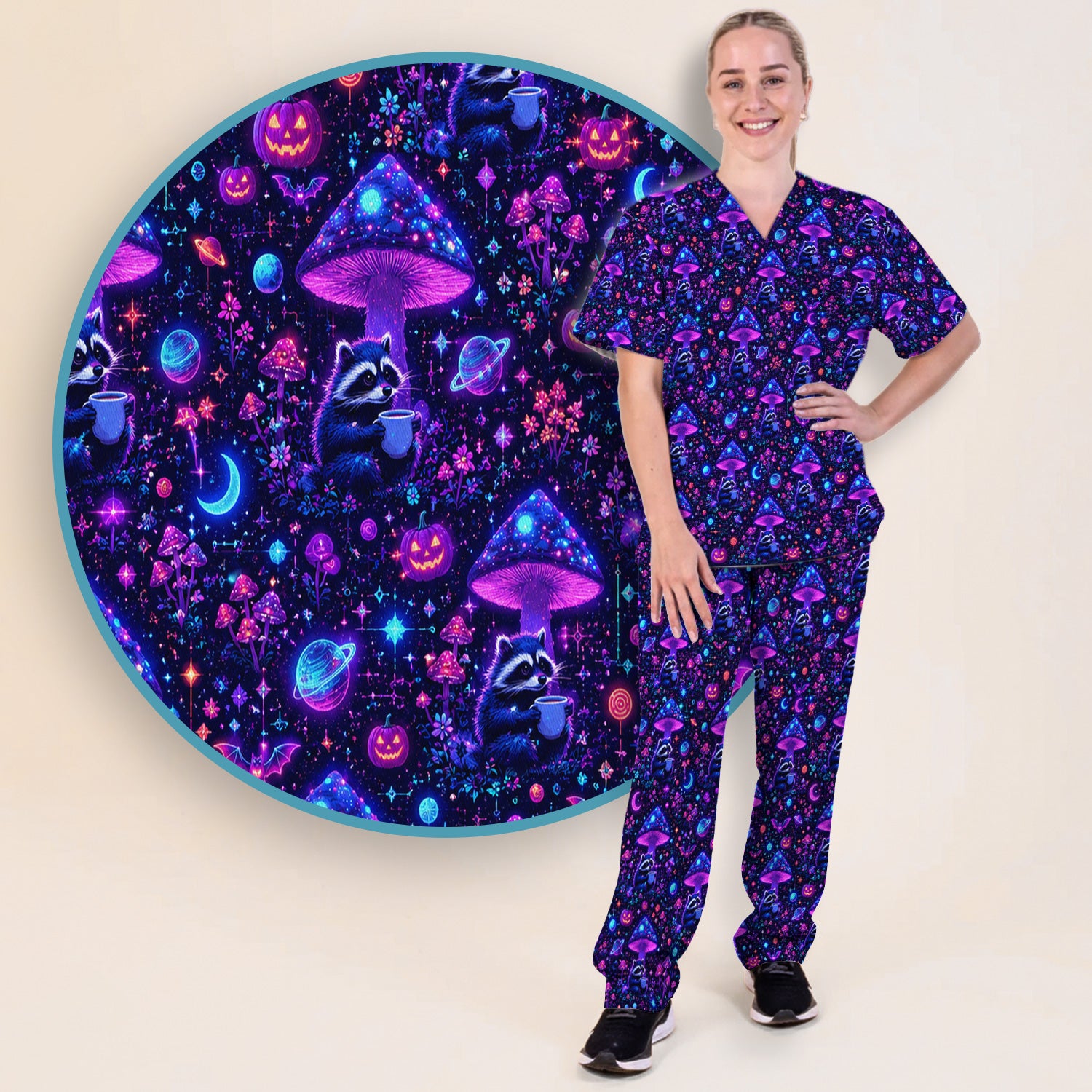 Halloween Raccoon And Mushrooms Scrub Set, Scrub Pants and V Neck Top