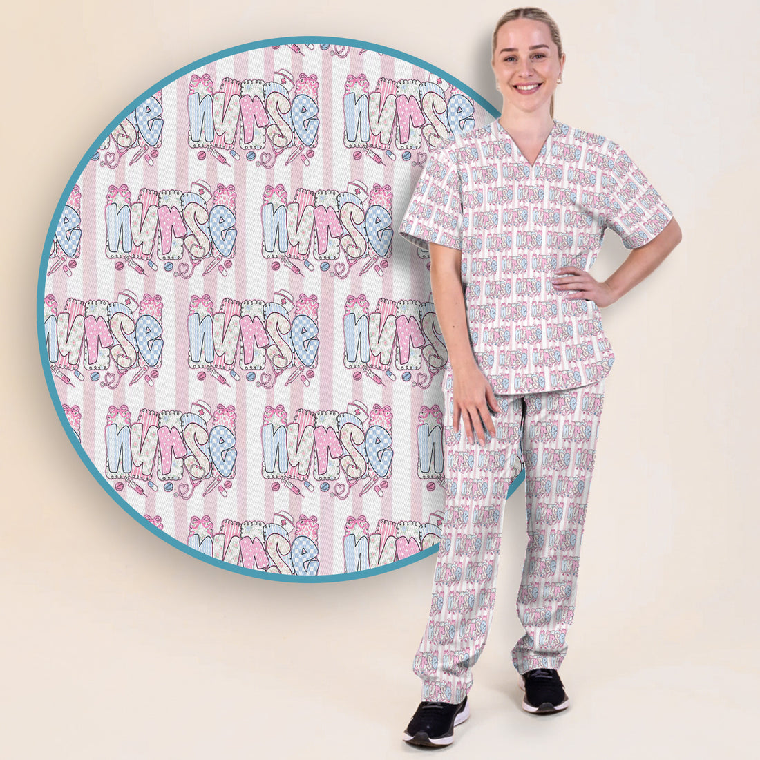 Cute Pastel Nurse Pattern Scrub Set, Scrub Pants and V Neck Top