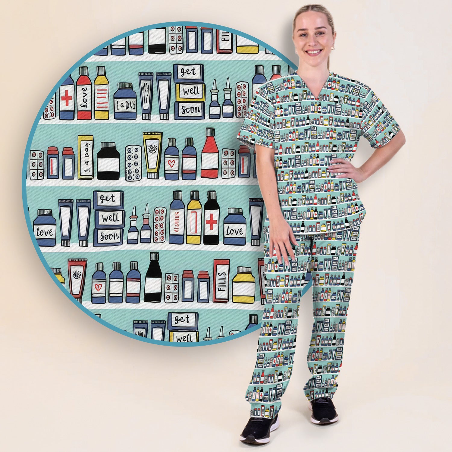 Medicine Bottle Pharmacy Pills Care Pattern Scrub Set, Scrub Pants and V Neck Top