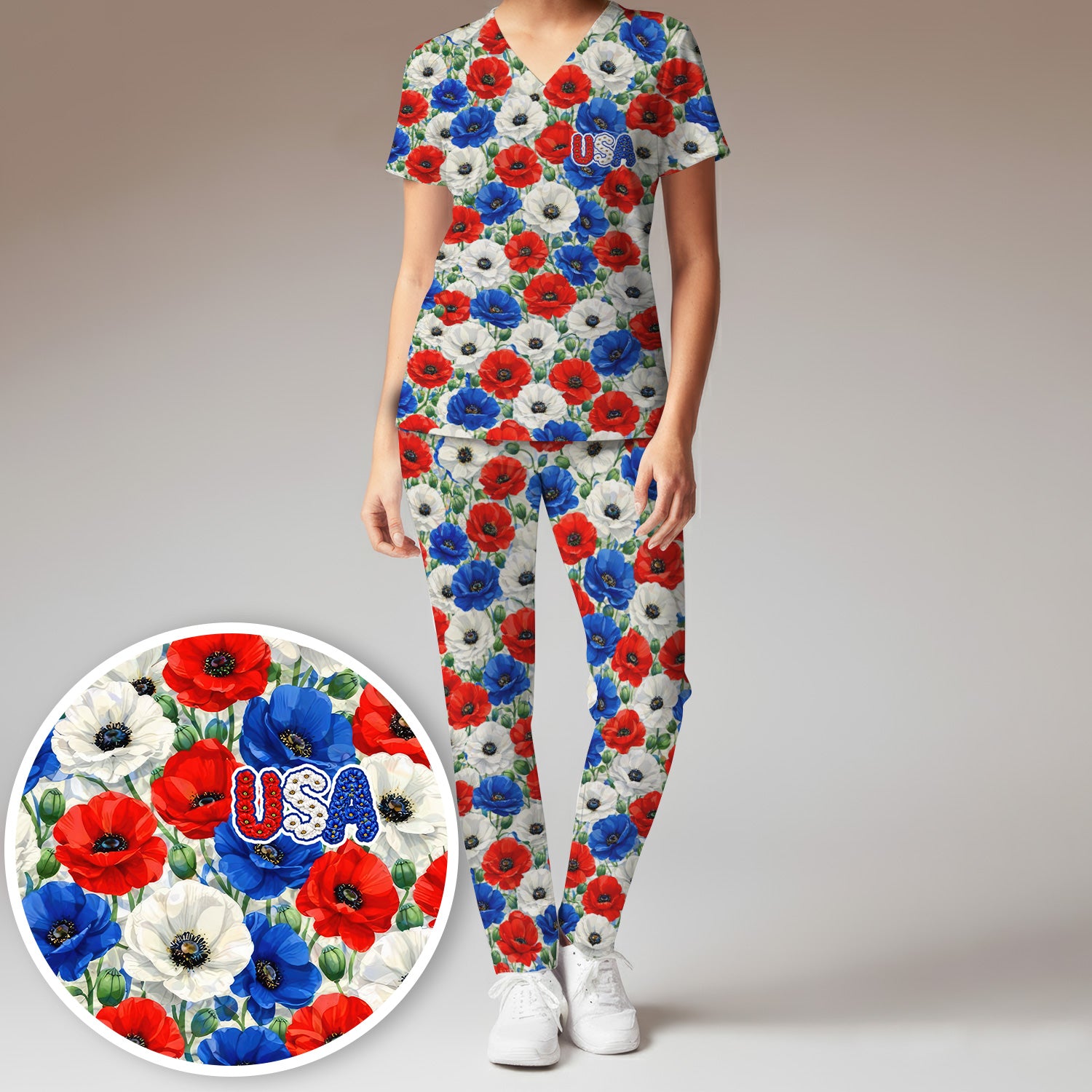 Festive Patriotic Red Blue Poppy Floral Pattern Scrub Set, Scrub Pants and V Neck Top