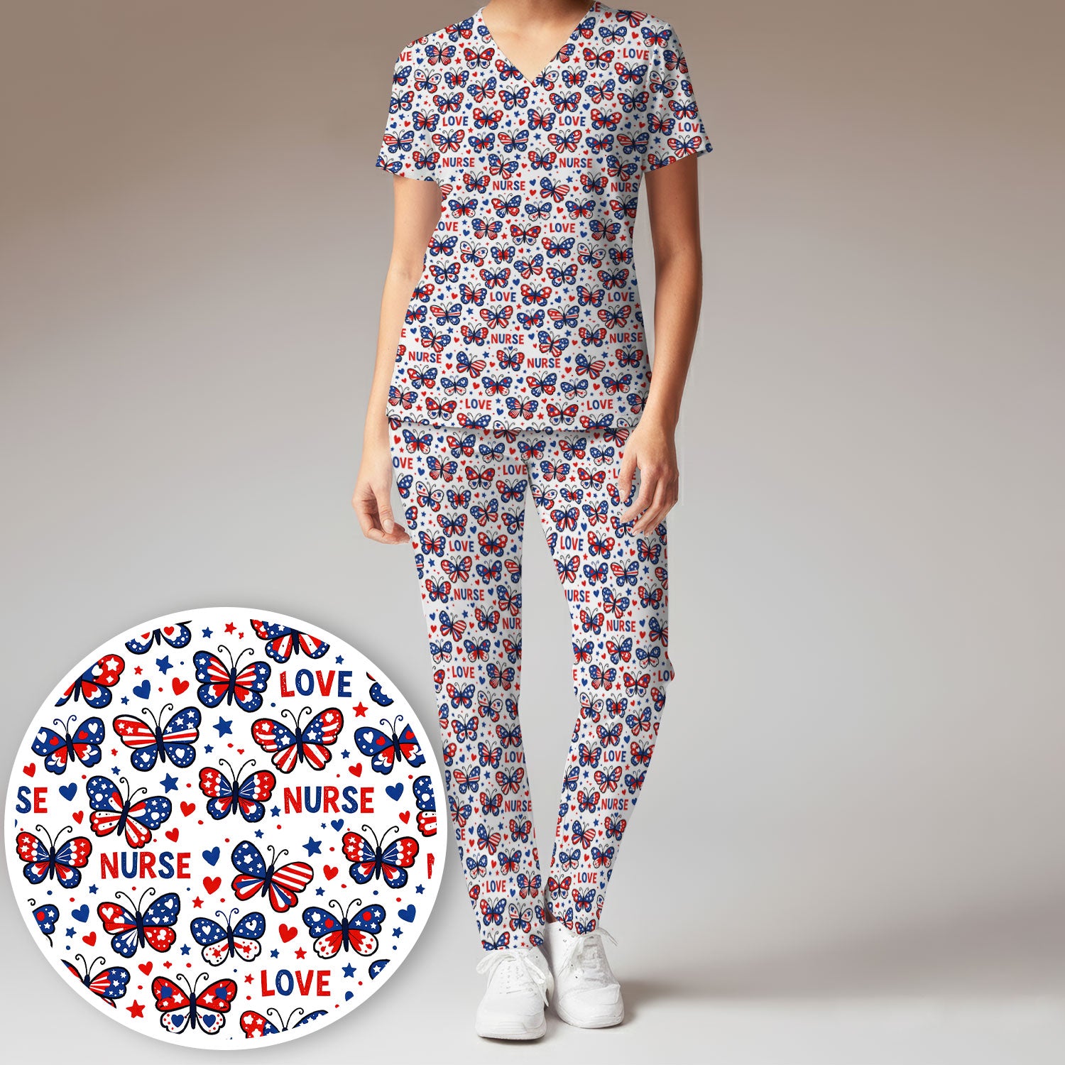 USA Patriotic Butterfly Nurse Scrub Set, Comfortable Uniform Scrubs For Nursing