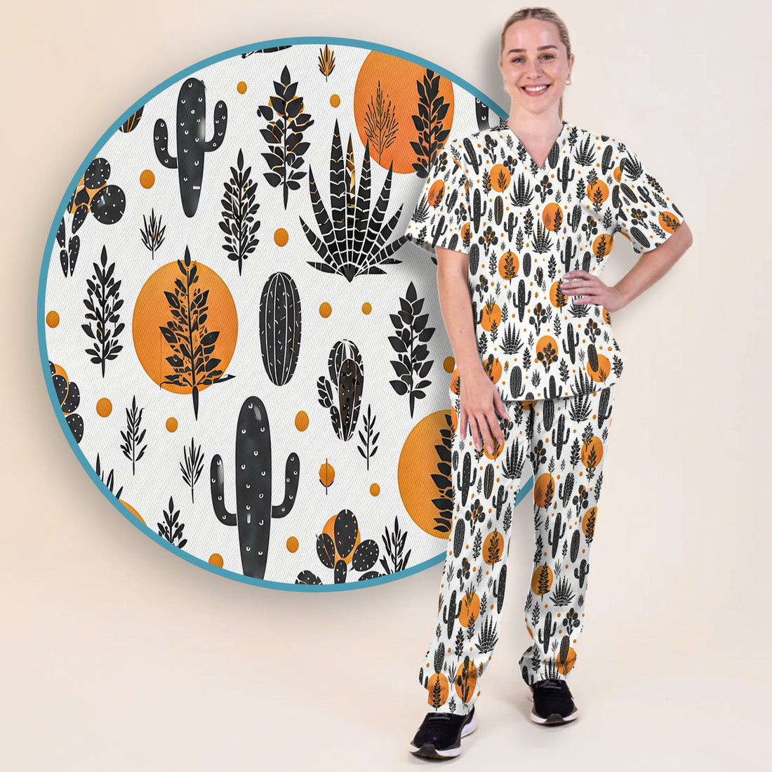 Desert Cactus Orange Sun Pattern Scrub Set, Scrub Pants and V Neck Top