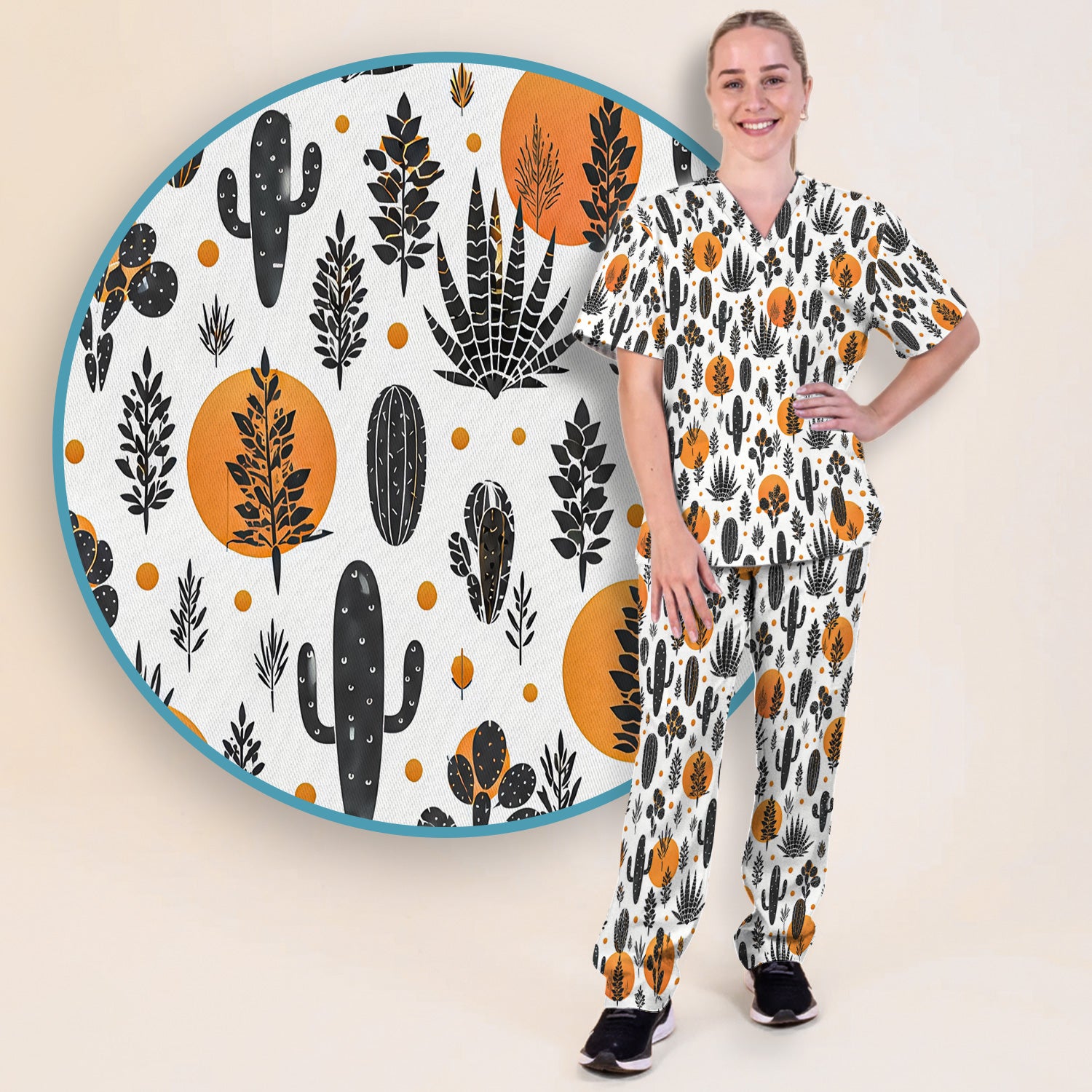 Desert Cactus Orange Sun Pattern Scrub Set, Scrub Pants and V Neck Top