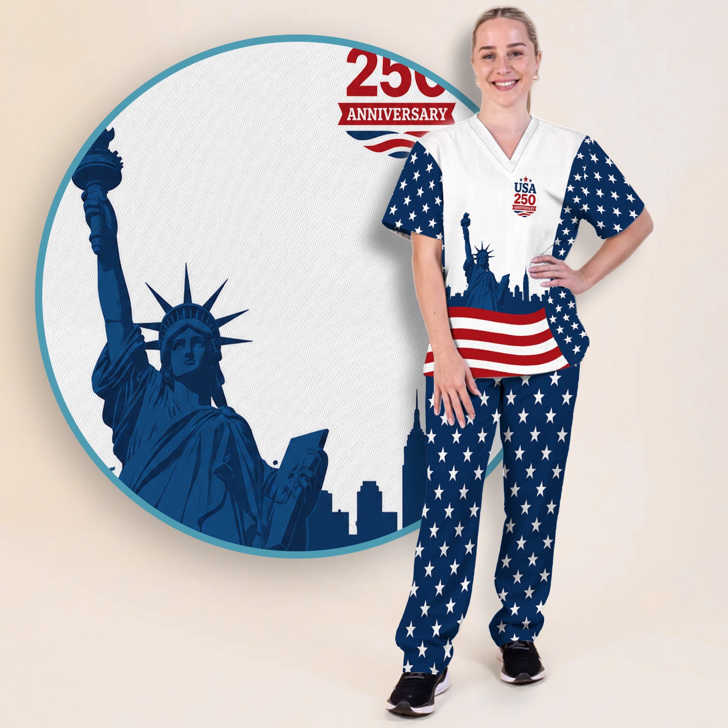 USA 250 Anniversary Patriotic Nurse Scrub Top for RN, CNA, Healthcare Workers Scrub Set, Scrub Pants and V Neck Top