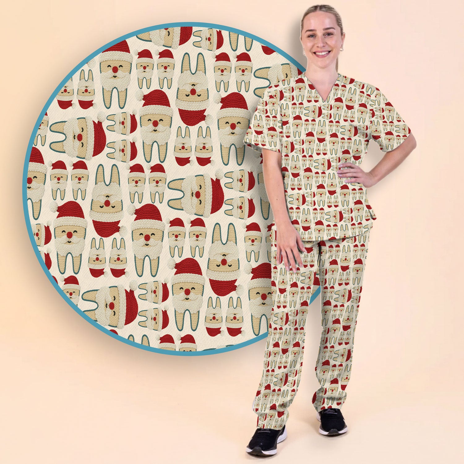 Christmas Tooth Scrub Set - Cute Santa Tooth Pattern for Dentists & Hygienists - Crochet Style Holiday Medical Uniform for Women