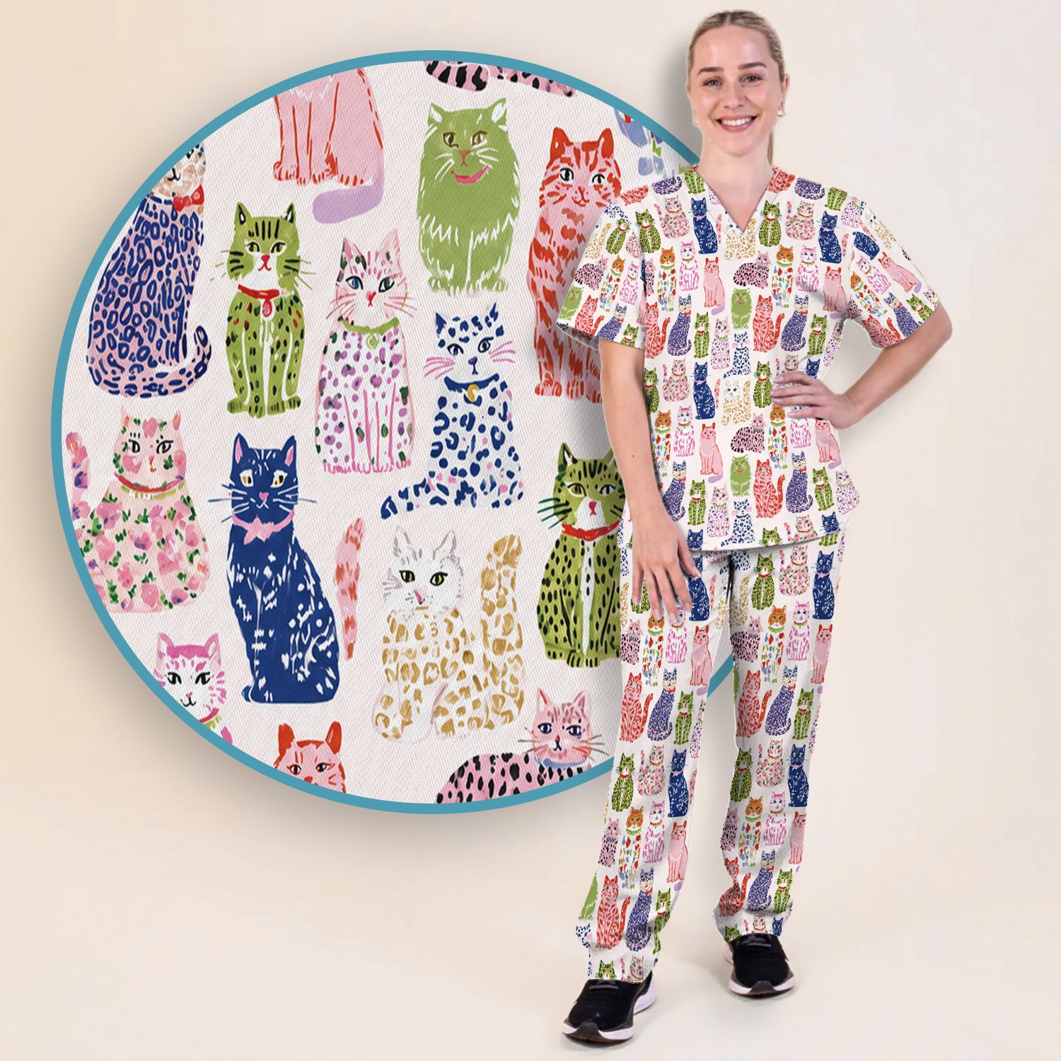 Colorful Cat with Playful Pet Scrub Set, Scrub Pants and V Neck Top