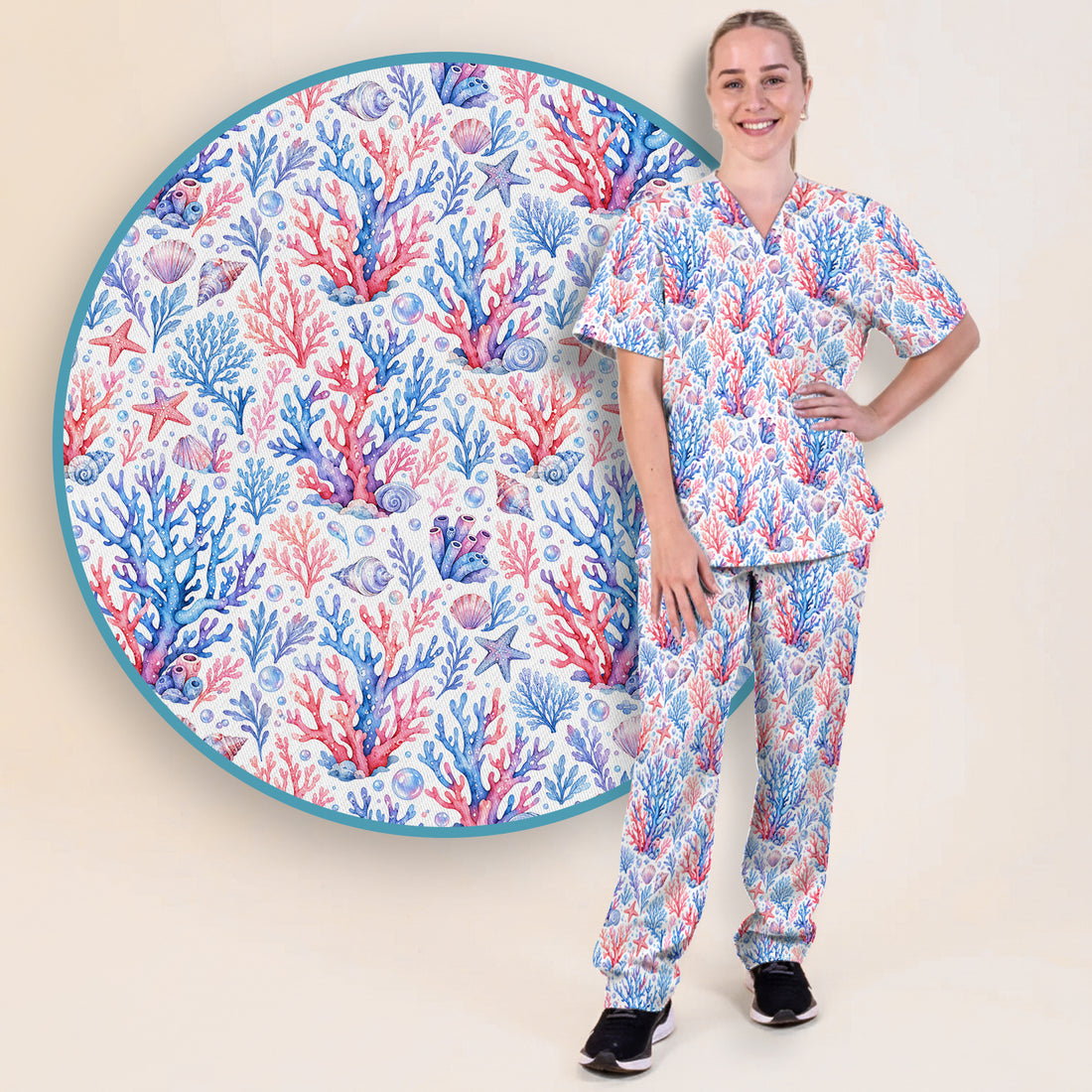Watercolor Coral Reef Pattern Scrub Set, Scrub Pants and V Neck Top