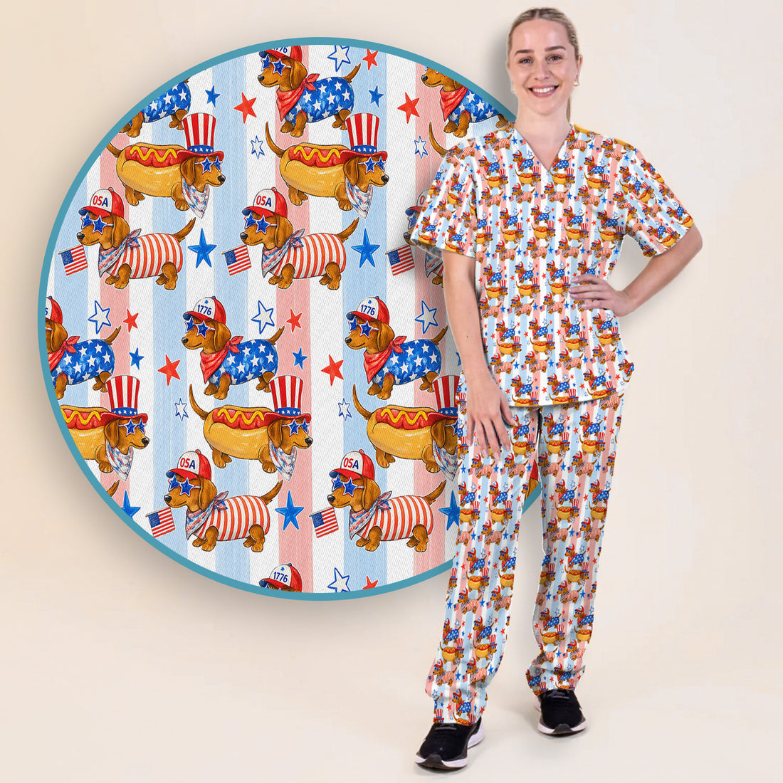 Fourth Of July Dachshund Pattern Scrub Set, Scrub Pants and V Neck Top