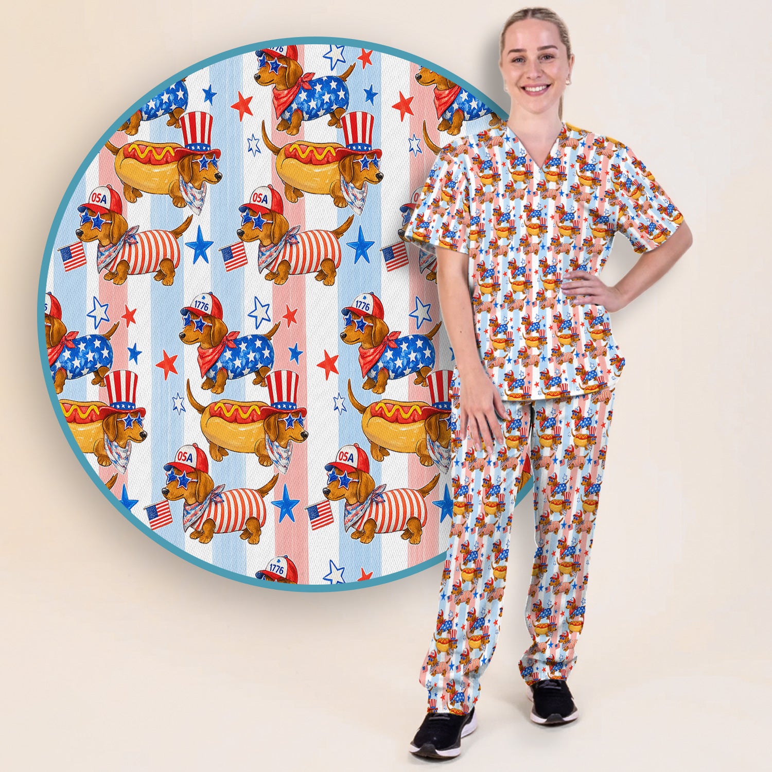 Fourth Of July Dachshund Pattern Scrub Set, Scrub Pants and V Neck Top