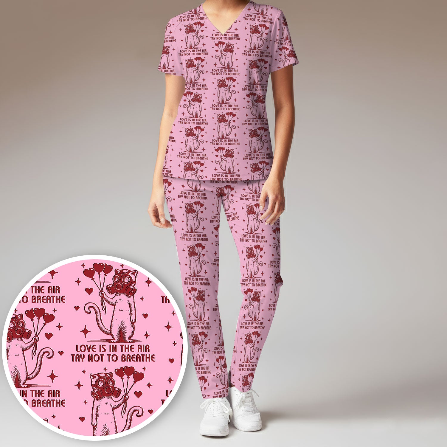 Gas Mask Cat Heart Balloon Valentine Print Scrub Set, Breathable Med Uniform