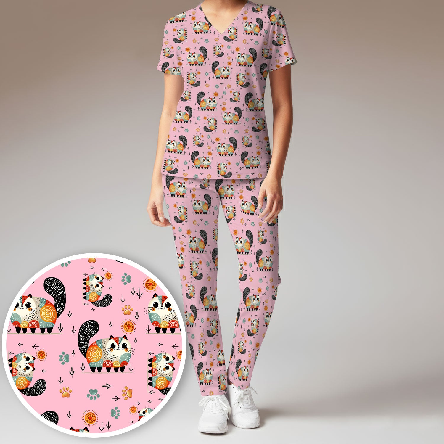 Playful Cat Illustration Women's Scrub Set, Breathable Med Uniform
