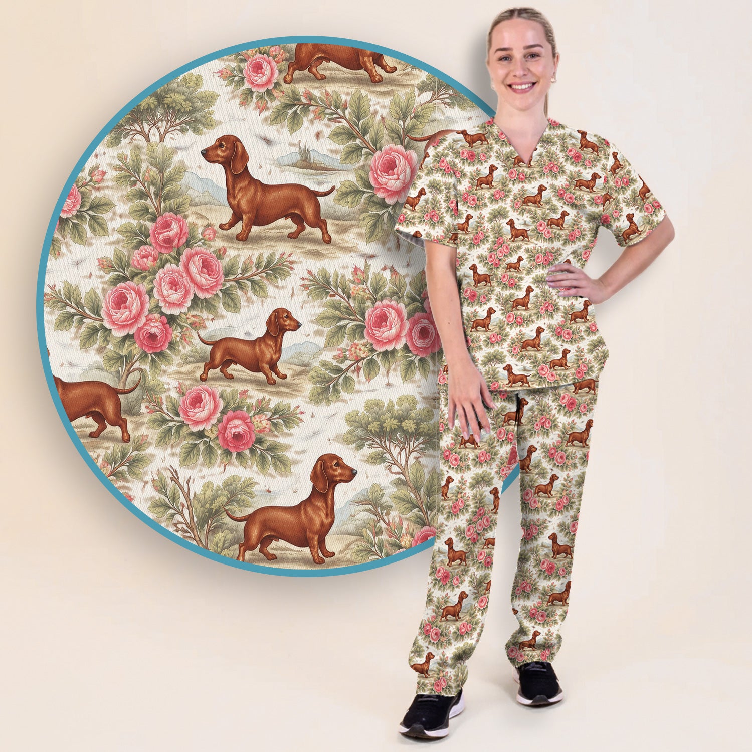 Vintage Dachshund Rose Floral Pattern Scrub Set, Scrub Pants and V Neck Top