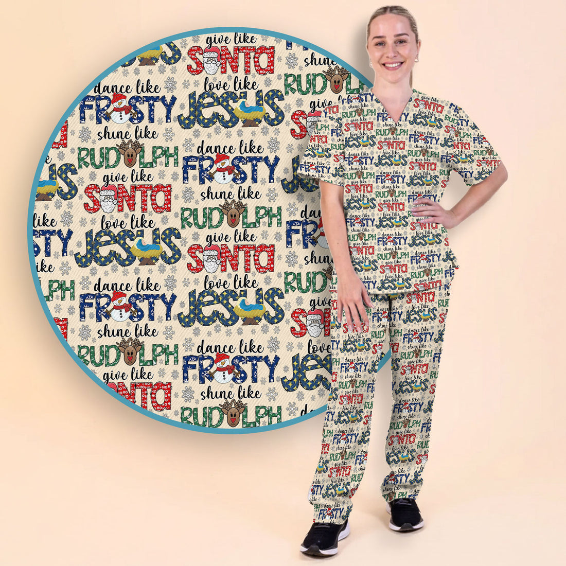 Christmas Rudolph  Women's Scrub Sets - Dance Like Frosty Shine Like Rudolph Give Like Santa Love Like Jesus - Holiday Med Uniform
