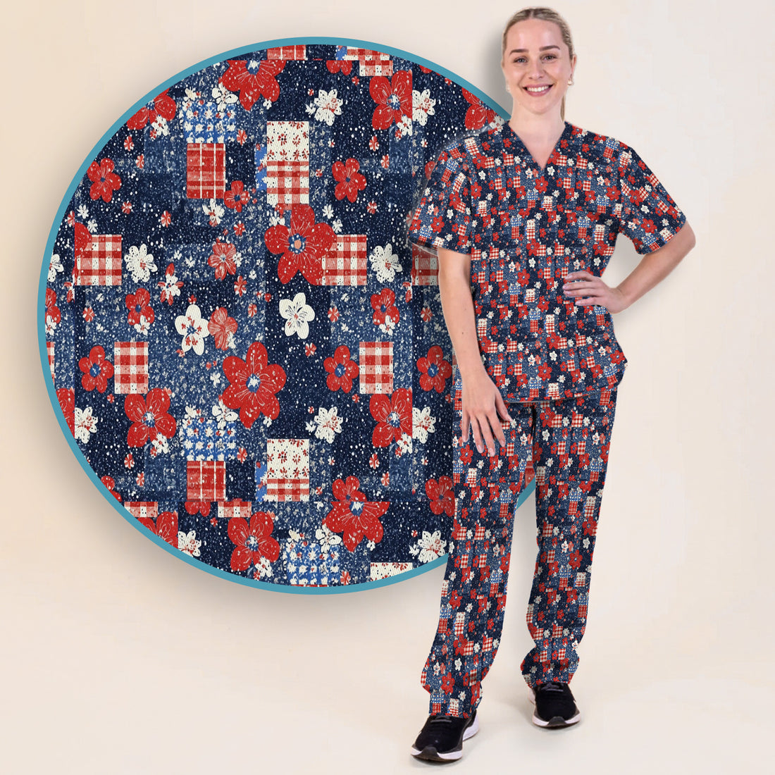 Patriotic Gingham Floral Patchwork Pattern Scrub Set, Scrub Pants and V Neck Top