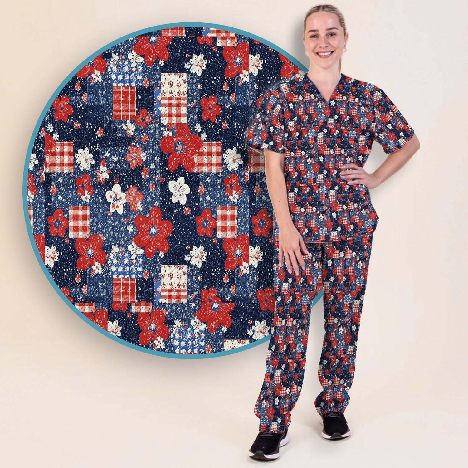 Patriotic Gingham Floral Patchwork Pattern Scrub Set, Scrub Pants and V Neck Top