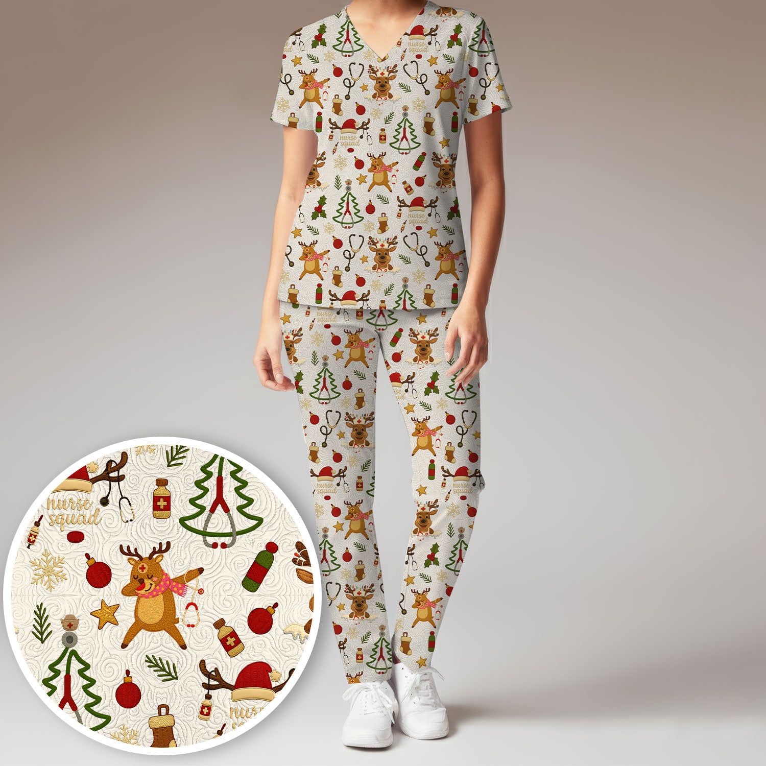 Christmas Reindeer Nurse Scrub Set for Women - Cute Holiday Pattern Scrub Top and Pants - Funny Festive Nursing Outfit Gift for RN LPN CNA