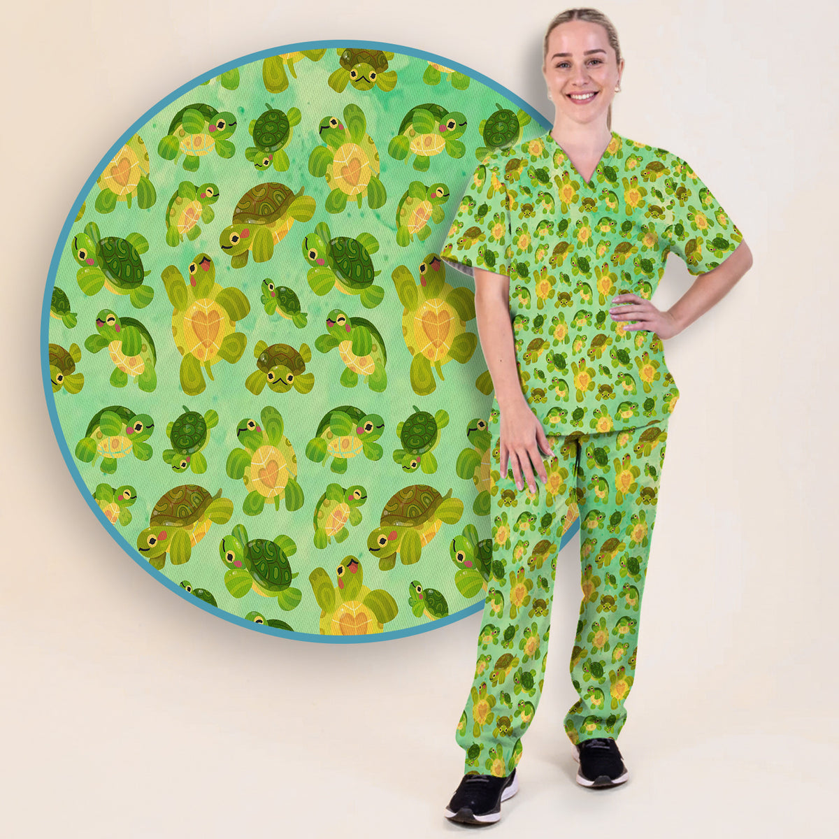 Cute Green Sea Turtle Pattern Scrubs Sets, Breathable Med Uniform