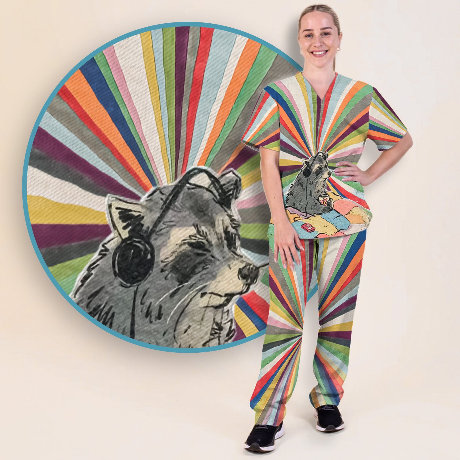 Chill Raccoon Rainbow Music Pattern Scrub Set, Scrub Pants and V Neck Top