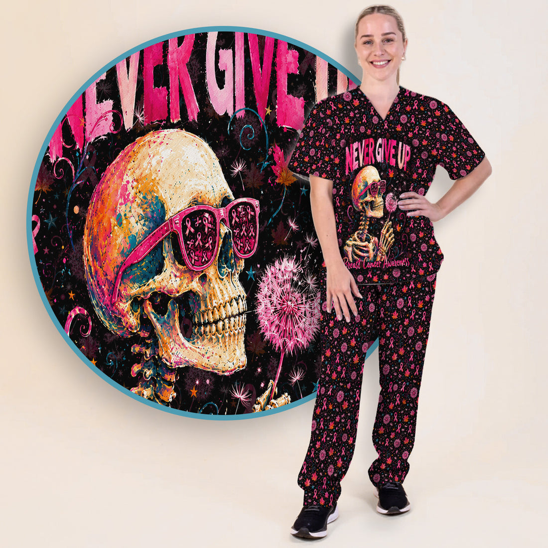 Meaningful Breast Cancer Awareness Skeleton Scrub Set, Scrub Pants and V Neck Top