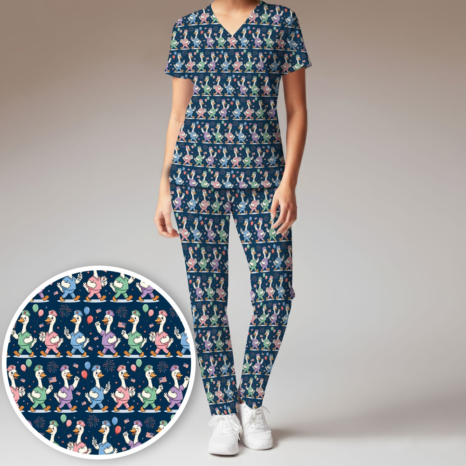 Cute Nurse Ducks Balloons Pattern Scrubs Sets, Scrub Pants and V Neck Top