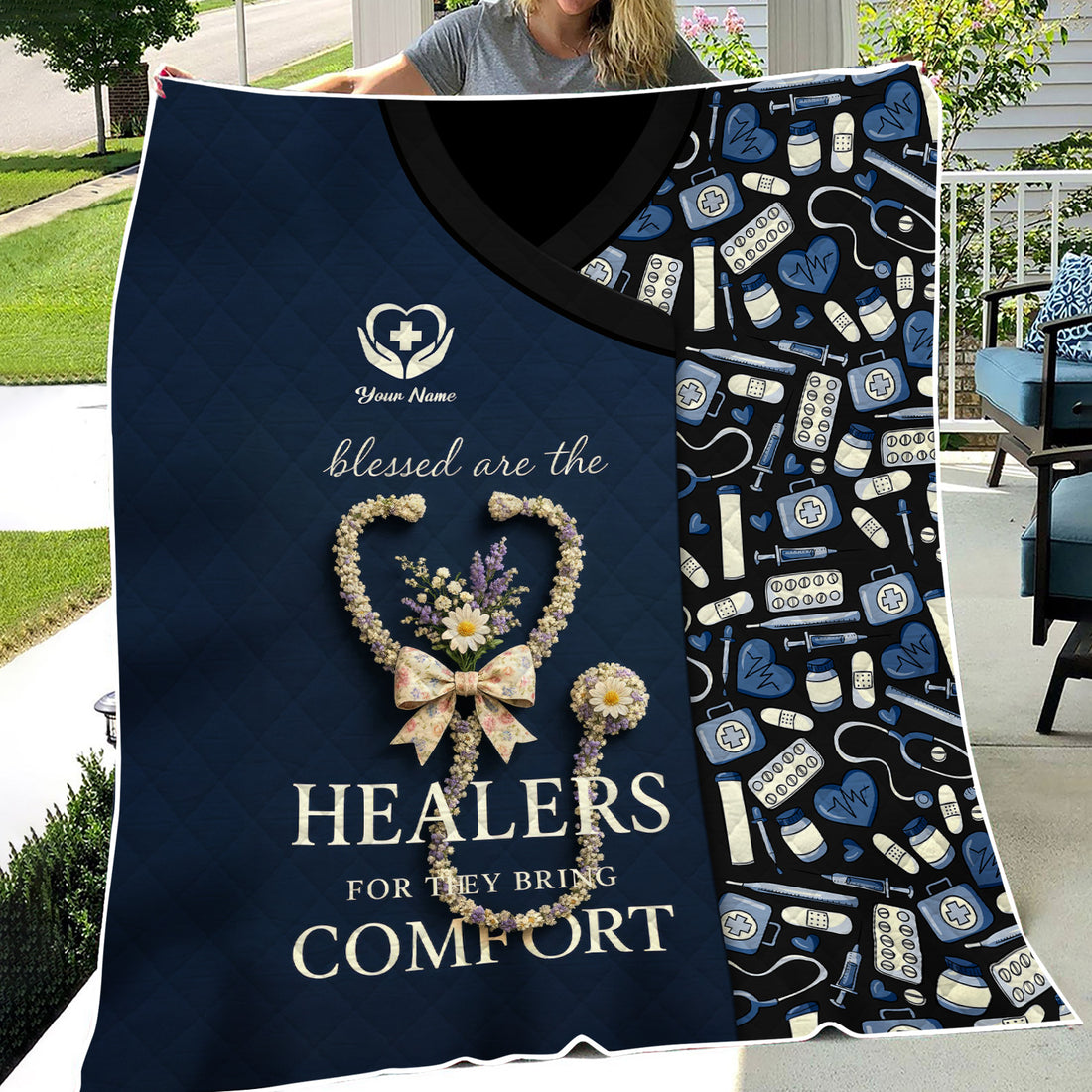 Custom Name Nurse Blanket - Blessed Are the Healers Who Bring Comfort - Floral Stethoscope Gift for RN CNA LPN Women in Healthcare