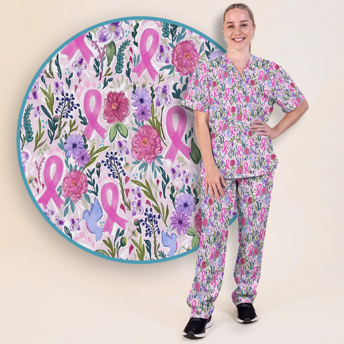 Floral Pink Ribbon Print Scrub Set, Scrub Pants and V Neck Top