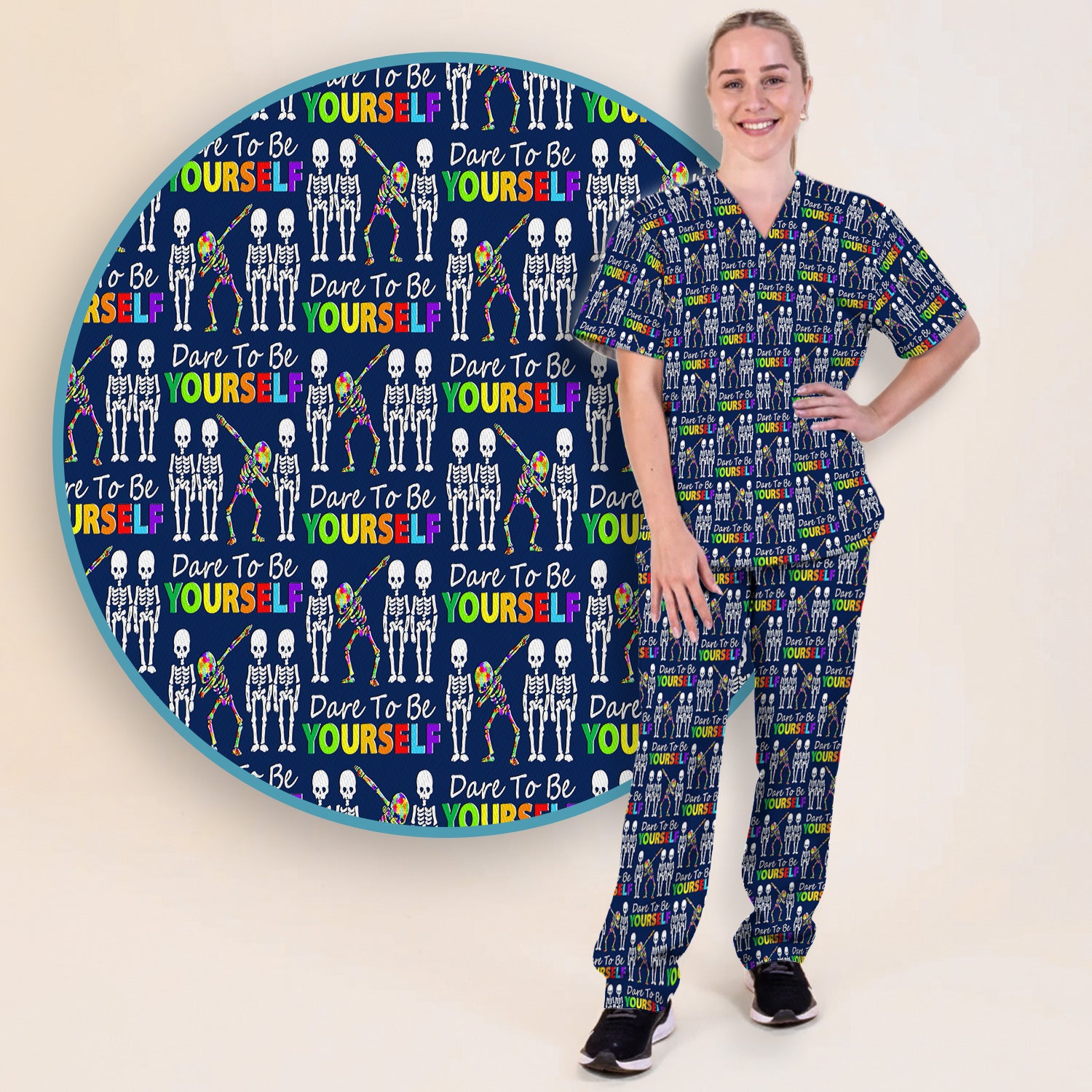 Rainbow Skeleton Dare To Be Yourself Pattern Scrub Sets, Scrub Pants and V Neck Top