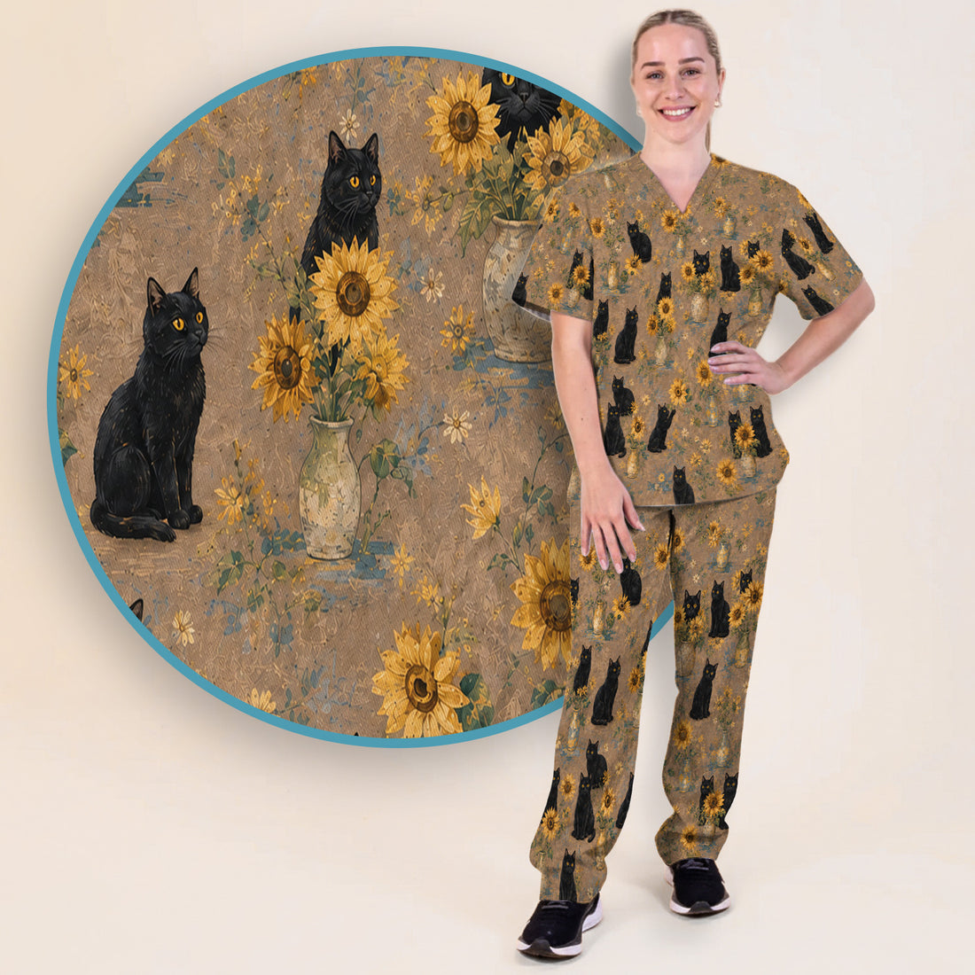 Rustic Sunflower Black Cat Print Scrub Set, Scrub Pants and V Neck Top