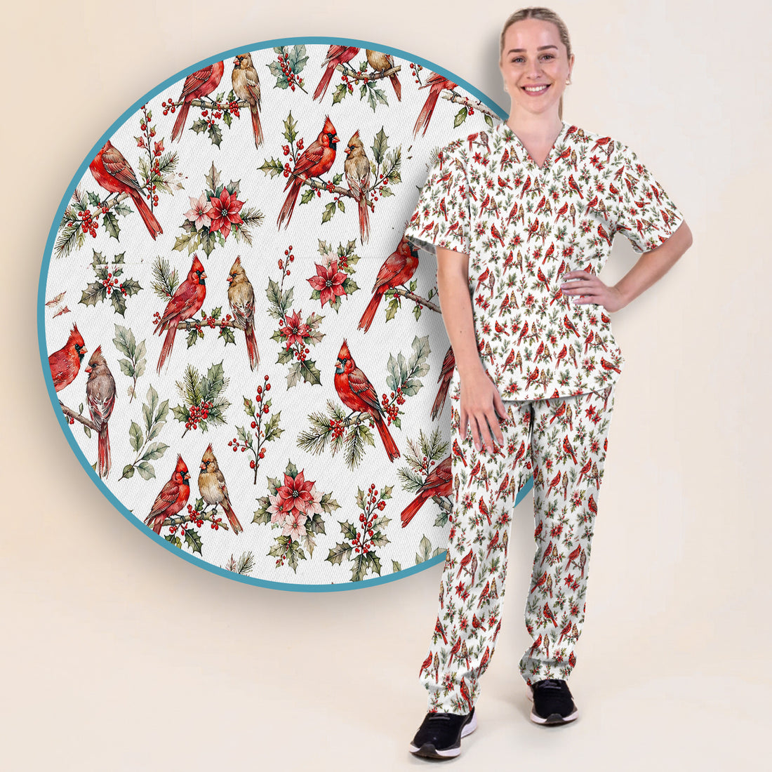 Festive Cardinal and Holly Scrub Set, Scrub Pants and V Neck Top