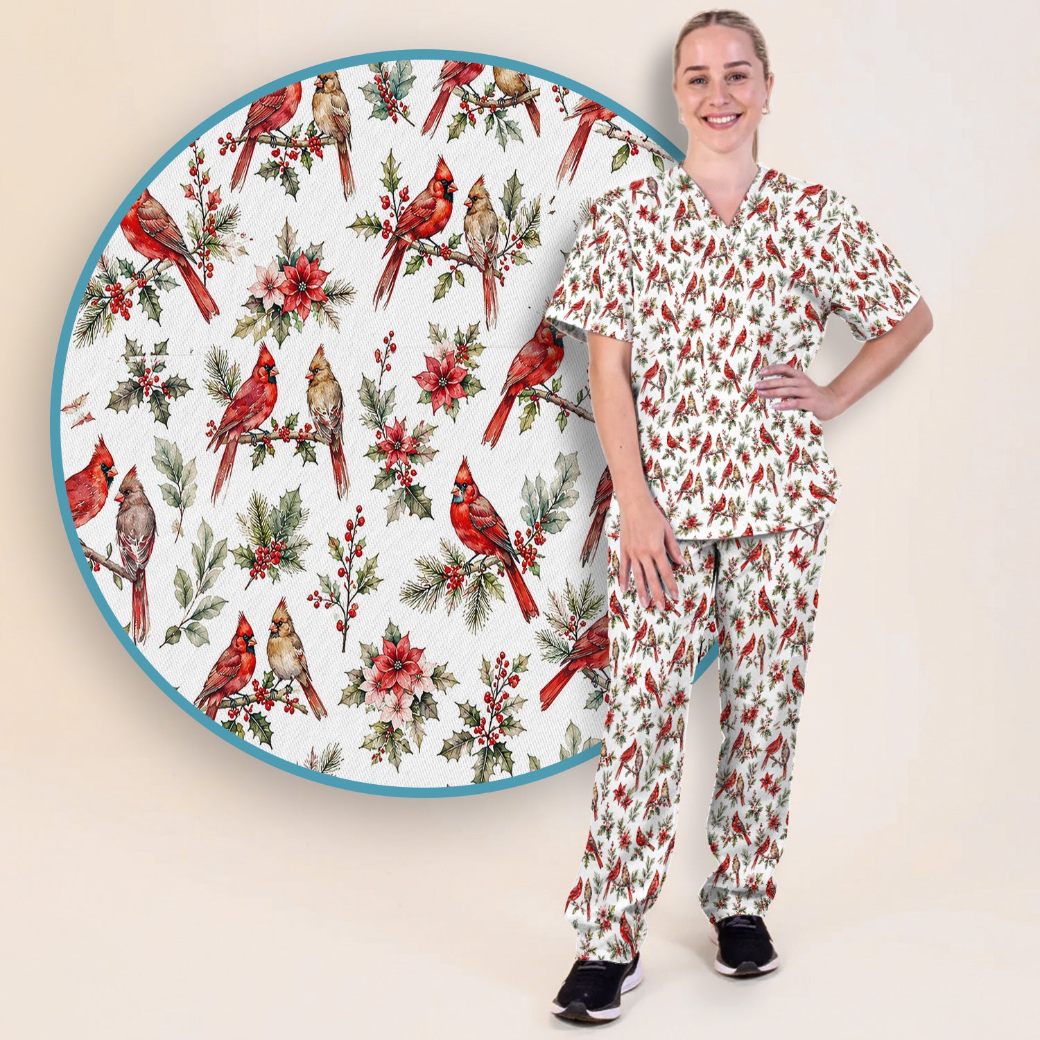 Festive Cardinal and Holly Scrub Set, Scrub Pants and V Neck Top
