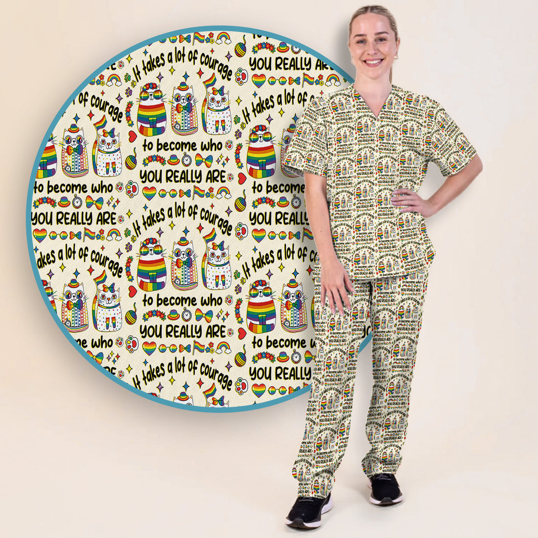 Inspirational Nurse Rainbow Cat Courage Quote Pattern Scrub Top, Breathable Fabrics Nursing Uniform