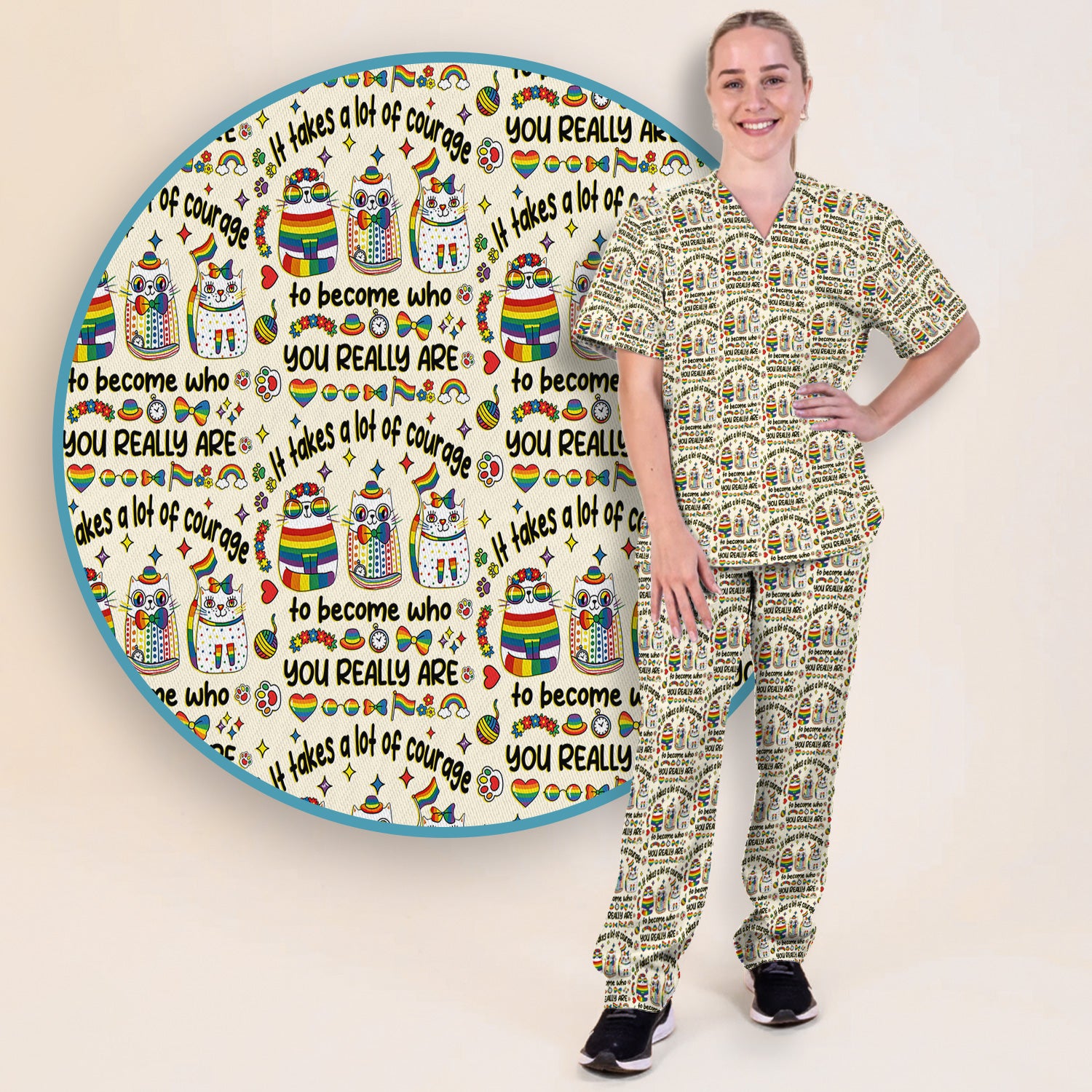 Inspirational Nurse Rainbow Cat Courage Quote Pattern Scrub Top, Breathable Fabrics Nursing Uniform