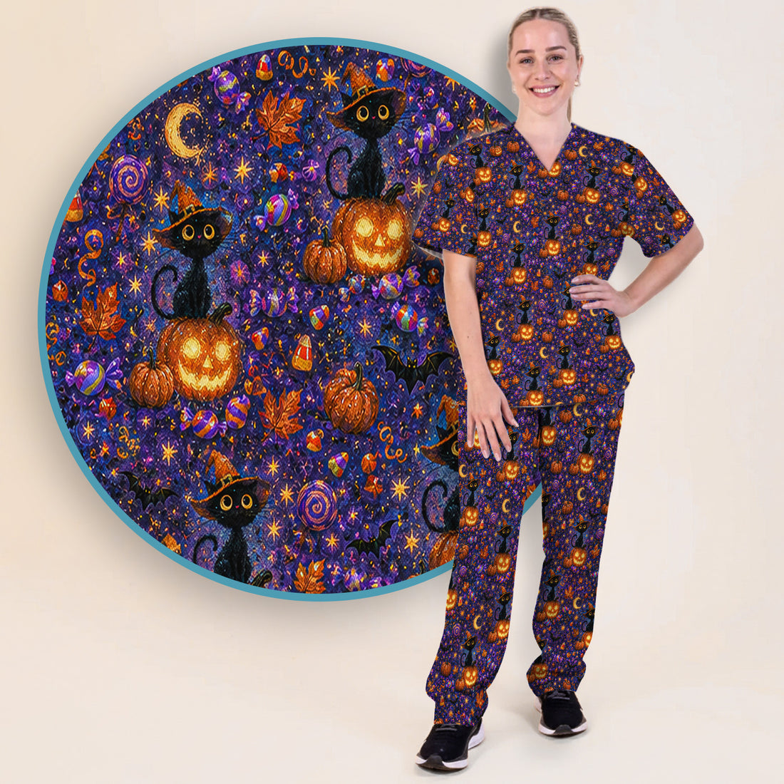 Mystical Halloween Witch Cat Scrub Set, Scrub Pants and V Neck Top